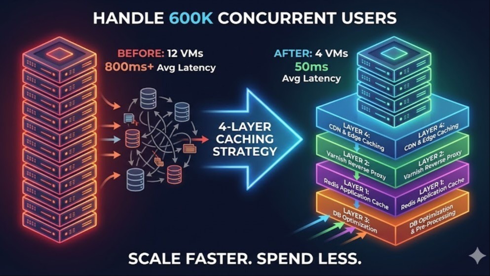 Your Node.js Backend Is Slow. Here's the 4-Layer Caching Strategy I Used to Handle 600K Concurrent Users.